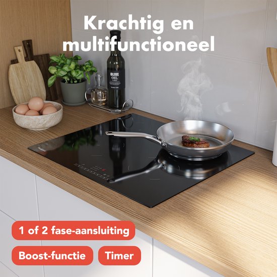 KitchenBrothers Induktionskochfeld - Einbau-Induktionskochfeld - 60 cm - 4 Zonen - 1 und 2 Phasen - bis zu 2400W - Schwarz