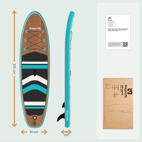LifeGoods PaddlePro SUP Board - mit Sitz - Aufblasbares Paddle Board - Komplettset - Max. 150KG - 320x81cm - Holz/Blau