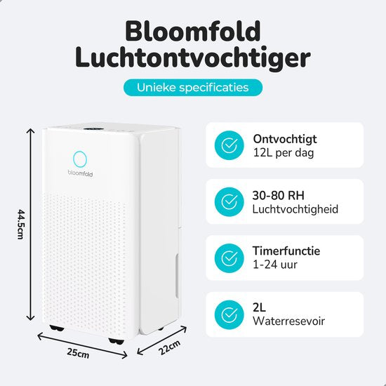 Bloomfold Luftentfeuchter - 12L pro Tag - inkl. Wasch-Trocken-Funktion - geeignet für Wohnzimmer, Schlafzimmer, Keller & Badezimmer - Luftentfeuchter - Weiß