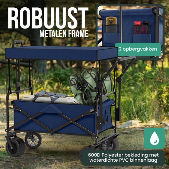 Avalo Bolderkar mit Dach XL faltbar - bis zu 110KG Tragfähigkeit - 120L - 97x60x105 CM - 360º Räder - Bolderwagen / Bolderwagen / Strandwagen / Trekkingwagen / faltbarer Bolderkar - Für Strand - Blau