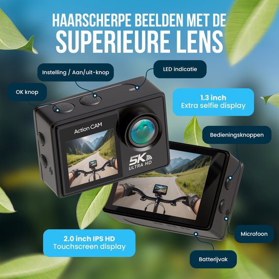 Strex Action Cam - 5K - 50MP - 60FPS - 30M Wasserdicht - WiFi - Touchscreen - Schwarz