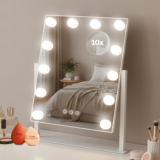 Fraay® Hollywood Spiegel mit Beleuchtung 41x30cm - 3 Lichtstufen - Schminkspiegel mit 10-facher Vergrößerung - LED-Beleuchtung dimmbar - inkl. Beauty Blender und Puderquaste