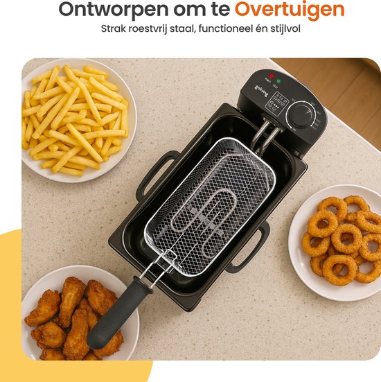 Goliving Fryer 3L - Fritteuse - Sichtfenster aus Glas - bis zu 190°C - 2000W - Edelstahl - Schwarz
