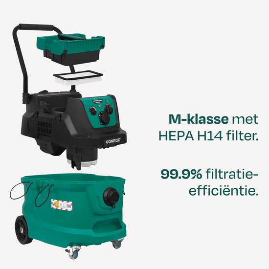 VONROC Nass-/Trockensauger - Klasse M - 1600W - 22kPa - Automatische Filterreinigung (Klopffunktion) - HEPA H14 - 40L Tank - Antistatikschlauch Ø35 mm