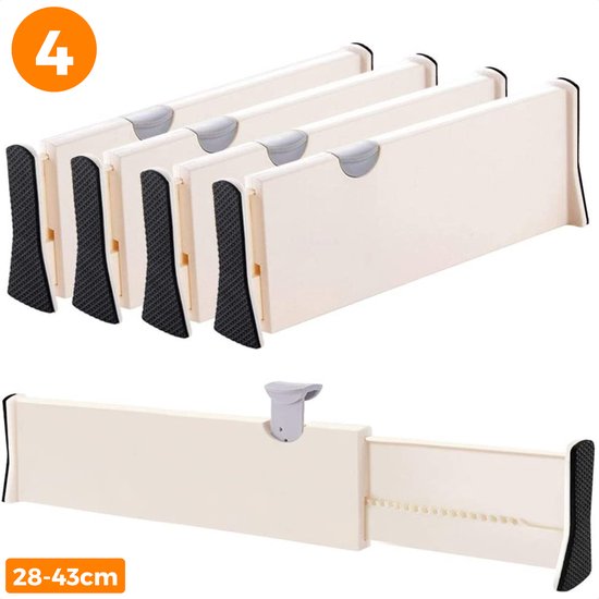 Posity Schubladenteiler - Verstellbar & ausziehbar - 4 Stück - Schubladenorganisation - 28-43,5 cm - Für Küche, Schlafzimmer & Kleidung - Kunststoff - Weiß