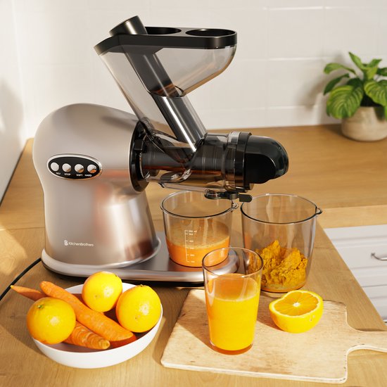 KitchenBrothers Slowjuicer XL - Entsafter - Gemüse- und Obstpresse - 43 mm und 70 mm Einfüllöffnung - 500 ml - Grau