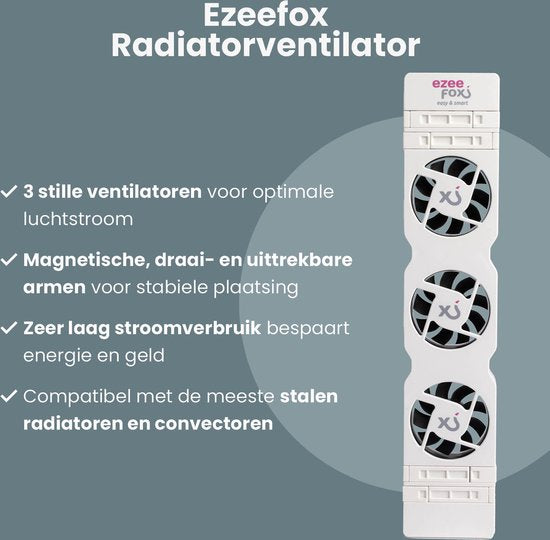 Ezeefox Heizkörperlüfter mit 3 Ventilatoren und Thermosensor - Monoset - Universal - Energieeffizient - Sehr leise - Heizkörperlüfter - Weiß