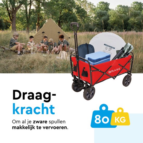BRASQ Faltbarer Wagen - 100 Liter - 80 KG Kapazität - Schwenkbare Räder - Mit Bremse - 90x51x100 CM - Verstellbarer Griff - Kompakt - Rot