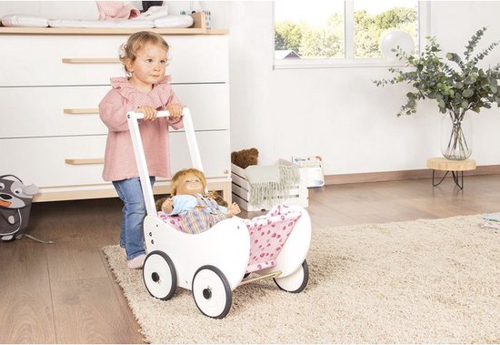 Pinolino Holzpuppenwagen „Trixi“ – Niedliche und langlebige Wiege – Massives Buchenholz mit Bettdecke „Herzen“ – weiß
