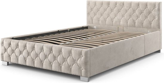 Polsterbett Nizza - 140 x 200 cm - Beige - LED-Beleuchtung & Bettschublade
