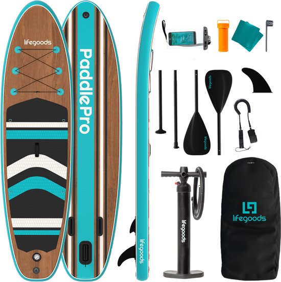 LifeGoods PaddlePro SUP Board - Aufblasbares Paddle Board - Komplettset - Max. 150KG - 320x81cm - Holz/Blau