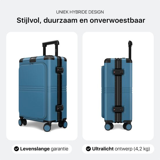 ONYX Hybrid Pro Handgepäck Koffer mit Fronttasche 38 Liter - Recyceltes Polycarbonat und reißverschlussloses Design - Reisekoffer mit TSA-Schloss und Spinner-Rädern - Leichter Trolley mit Laptop-Fach - Glacier Blue
