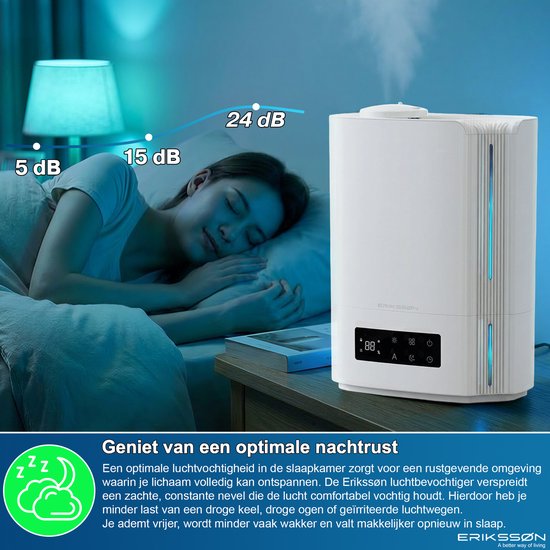 Erikssøn Luftbefeuchter Hydra Comfort - 6 Liter - Geeignet für Wohnzimmer, Büro, Schlafzimmer, Babyzimmer - Mit Aromatherapie - Weiß
