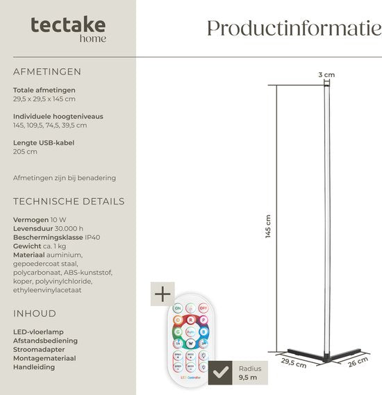 tectake® Smart LED Stehleuchte Spectra - Eckleuchte mit 16 Millionen Farben - 200 Lichteffekte - Smart Stehleuchte - 145 cm - dimmbar - Steuerung per App, Fernbedienung, Knopf und Stimme - Stehleuchte für das Wohnzimmer - Atmosphere Lighting