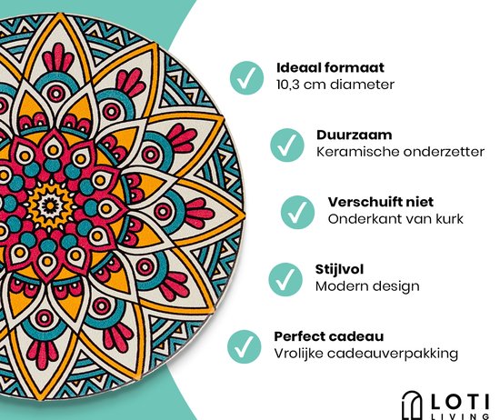 Loti Living Untersetzer mit Halter - Untersetzer Design - Untersetzer Kork - Untersetzer Set - Untersetzer für Gläser - 6 Stück - Mandala Design