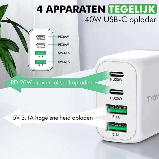 Travelhawk USB-C Ladegerät - Geeignet für iPhone - Schnellladegerät - PD 40W - Weiß