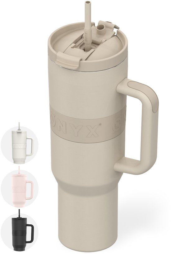 ONYX Trinkflasche mit Strohhalm 1 Liter - Wasserflasche für Kinder & Erwachsene - Thermoskanne Edelstahl Reisebecher - Motivationstrinker - Trinkbecher für die Schule - Sand Beige