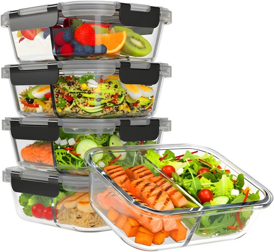 KitchenBrothers Meal Prep Trays Set - Mit Trennung - Glas Lebensmittel Lagerung Schalen - Zwei Fächer - Luftdicht - BPA frei - Gefrierschrank Schalen - Lagerung Schalen - 5L - Glas - 5 Stück