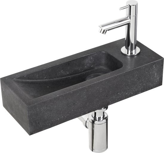 Differnz Luxor Brunnenset - Spülbecken Naturstein - Schwarz - Gebogener Wasserhahn - Chrom - Standardgriff - 38 x 14 x 8 cm