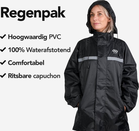 Infinity Goods Regenanzug - Damen & Herren - Größe S - Wasserdicht & Atmungsaktiv - Reflektierend - Schwarz