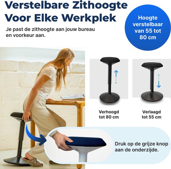 Backerz Wobble Hocker - Ergonomische Wobble Stuhl Höhe 55-80cm - Balance Hocker - Saddle Hocker Blau