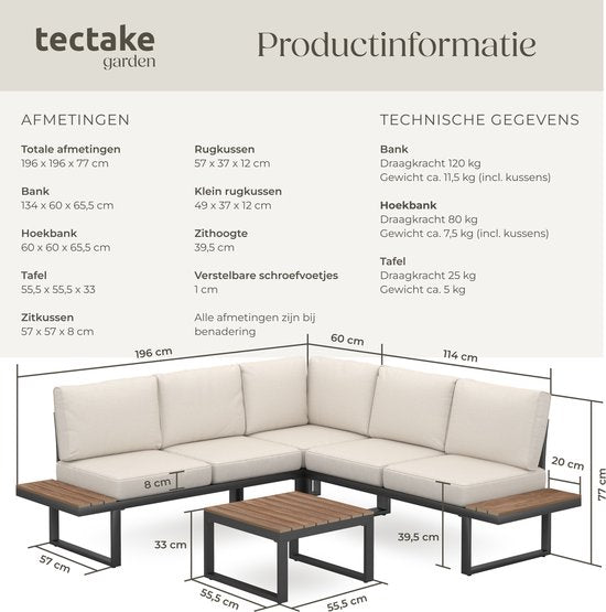 tectake® Gartenset - Loungeset 4-teilig - Wetterfeste Gartenmöbel mit Aluminiumgestell und Polyholztisch - Verstellbare Rückenlehne - Gartenmöbelset mit Kissen - Ideal für Garten, Balkon und Terrasse