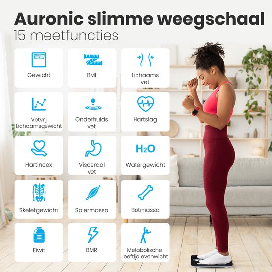 Auronic Personenwaage - Körperanalyse & Fettanteil - Digital - 15 Messungen - Schwarz