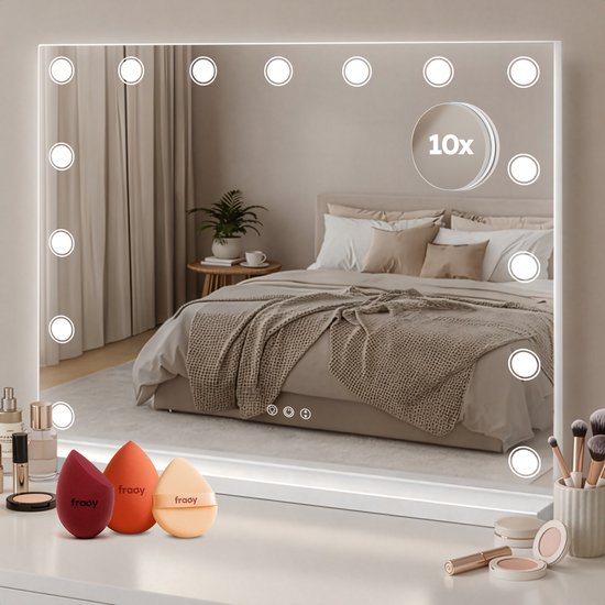 Fraay® Hollywood Spiegel mit Beleuchtung 60x50cm - 3 Lichtmodi - Make-up Spiegel mit 10-facher Vergrößerung Spiegel - LED Dots Beleuchtung dimmbar - Inkl. 2 Beauty Blenders und Puderquaste