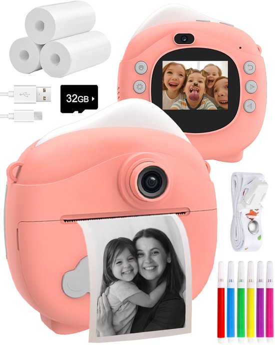 ODESSEY Kinderkamera mit Drucker - Full HD - Selfie-Kamera - 32GB SD-Karte - Foto - Video - Spiele - Digitalkamera Kinder - Fotokamera für Kinder - Pink