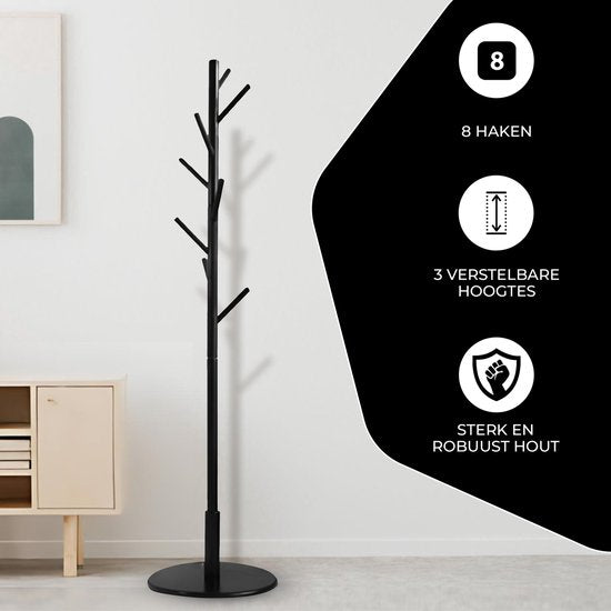 Bayt Garderobe - Stehende Garderobe - Garderobenständer Holz - Stehende Garderobe - Garderobenständer - 8 Haken - 175 cm - Schwarz