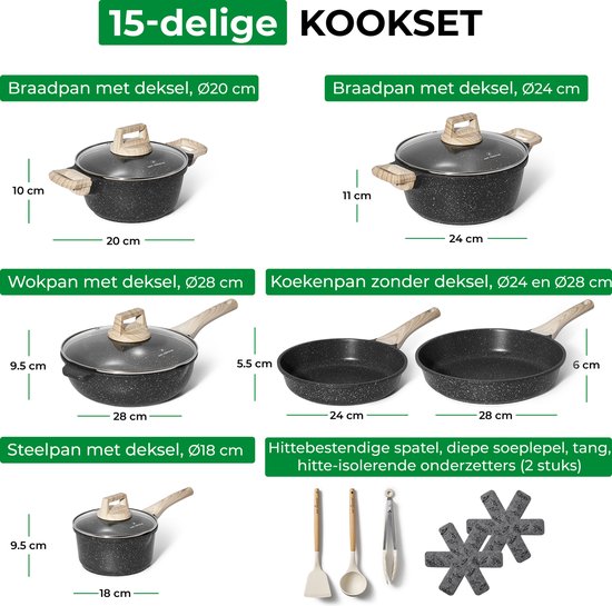 Just Perfecto 15-teiliges Induktionskochgeschirrset - Schwarzes Kochgeschirrset mit Deckel für Gas und Induktion - PFAS frei - Kalte Griffe