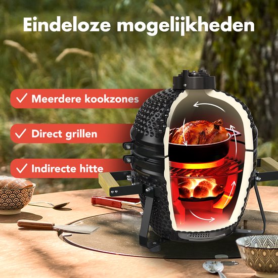 KitchenBrothers Kamado BBQ - 13 Zoll Holzkohlegrill - 27⌀ cm - Deluxe Set - Eiergrill mit Zubehör inklusive Abdeckung - Schwarz