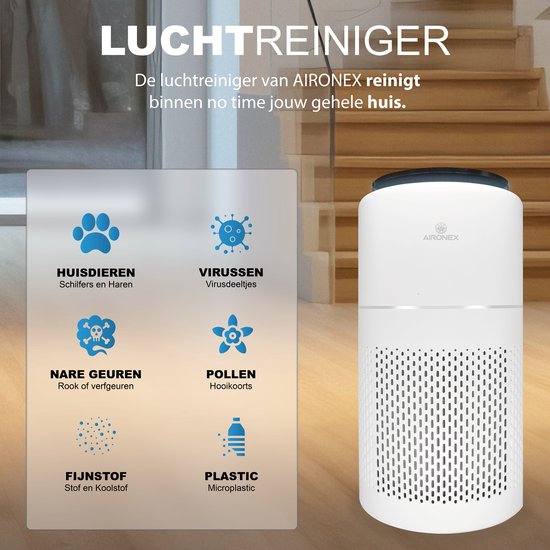 Aironex Luftreiniger mit HEPA-Filter - 40 m2 - Geeignet für Wohnzimmer, Schlafzimmer, Büro, Babyzimmer- Luftqualitätsanzeige- Wirkt gegen Staubmilben, Heuschnupfen, Allergien, Staub- Entfernt 99,97%- Luftreiniger - Luftreiniger