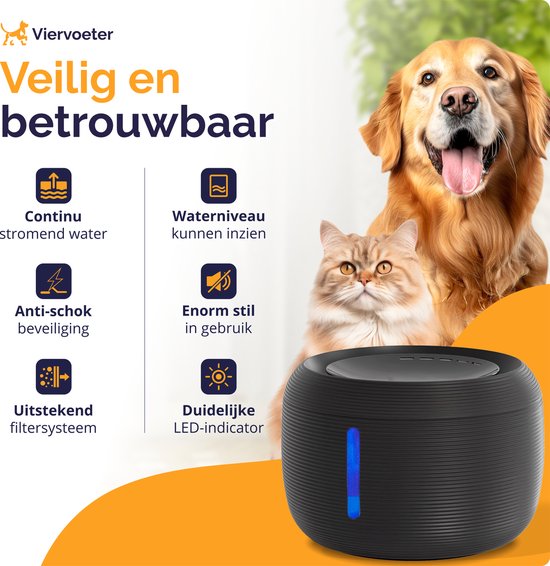 Quadruped Premium Trinkbrunnen - Runder Trinkbrunnen für Katzen und Hunde - 2.5L - Tiertränke - geräuschlos - Inkl. 2 Filter - Schwarz