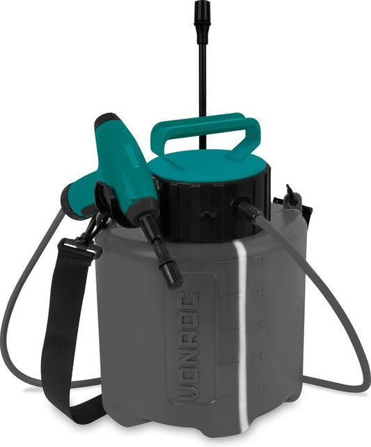 VONROC Accu-Drucksprüher 5 Liter - Kein manuelles Pumpen mehr - Bequem zu tragen - Inkl. 2 Sprühlanzen, Schultergurt und USB-Ladekabel