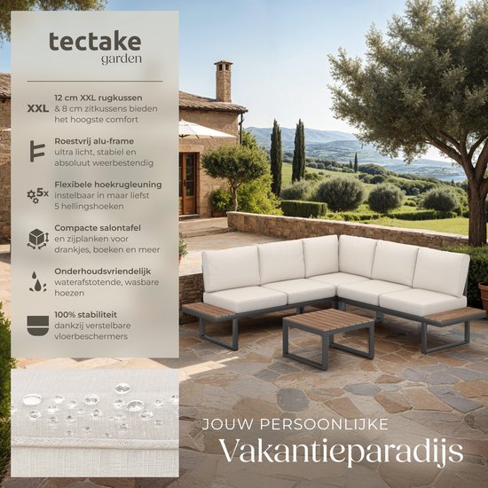 tectake® Gartenset - Loungeset 4-teilig - Wetterfeste Gartenmöbel mit Aluminiumgestell und Polyholztisch - Verstellbare Rückenlehne - Gartenmöbelset mit Kissen - Ideal für Garten, Balkon und Terrasse