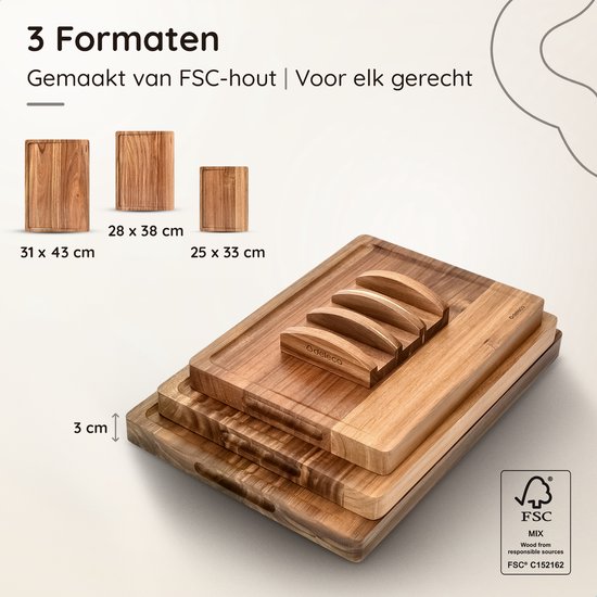 Deleca 3x Schneidebrett Set Culina - Dicke 3 cm - Schneidebretter (33x25 / 38x28 / 43x30 cm) - Mit Halter - Für Küche, Servierbrett, Käsebrett, Getränkebrett, Schneidebrett und Tapasbrett - Akazienholz