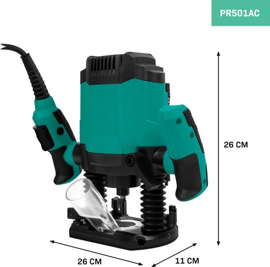 VONROC Oberfräse 1200W - 6-8mm - Variable Drehzahl 16.000 - 30.000 U/min - Inkl. 6-teiligem Oberfrässet, Schablonenführung, Parallelführung und Zentrierstift