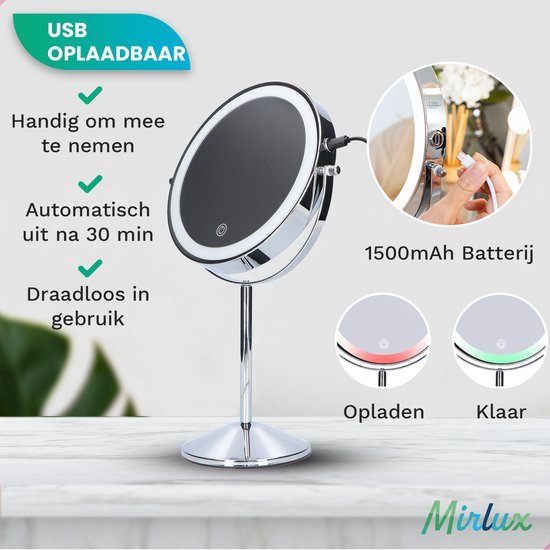 Mirlux Make Up Spiegel mit LED-Beleuchtung - 10x Vergrößerung - Rasierspiegel klein auf Fuß - 3 Lichtstufen - wiederaufladbar - Vergrößerungsspiegel Chrom
