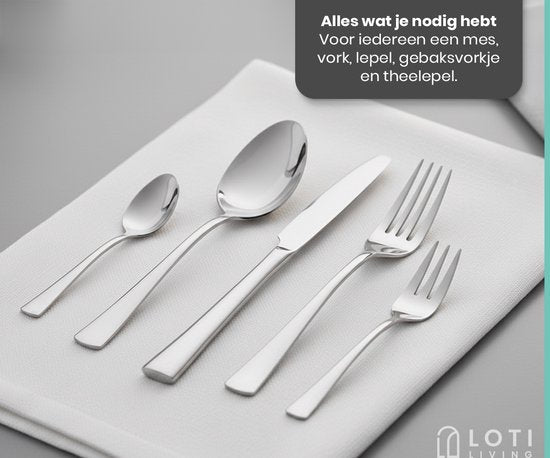 Loti Living Besteck-Set 30-teilig - 6 Personen - Besteck-Set 6 Personen - Löffel, Messer, Gabeln, Kuchengabeln - Spülmaschinenfestes Besteck - Hochwertiger Edelstahl - Edelstahl