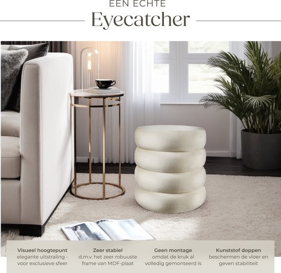 tectake - Hocker mit Ablage - Scandi Hocker Samtstoff - Runder gepolsterter Hocker für Frisiertisch, Schlafzimmer, Wohnzimmer oder als Flurmöbel - Ablagehocker - creme