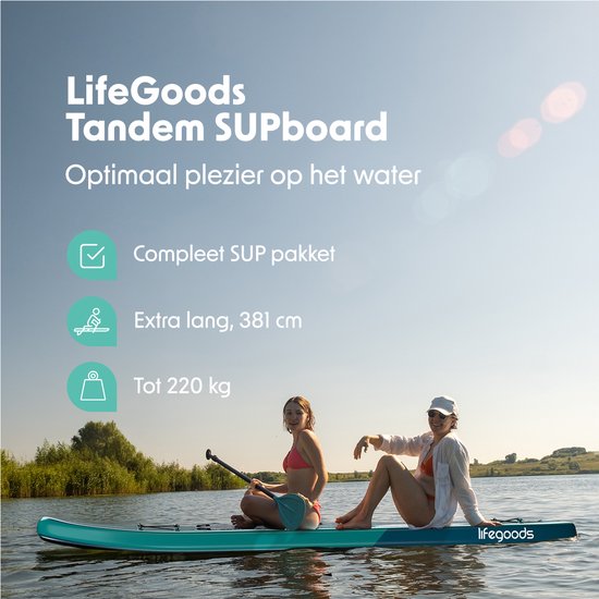 LifeGoods - SUP Board Tandem - 2 Personen - 220 KG Tragfähigkeit - 381 x 86 cm - Aufblasbar - Deep Aqua