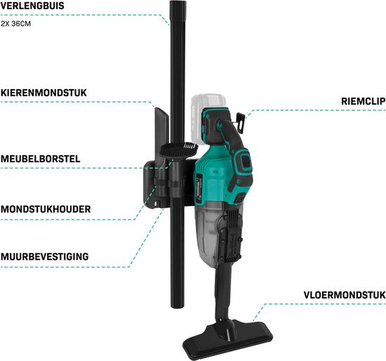VONROC Leistungsstarker kabelloser Staubsauger - VPower 20V - Exkl. Akku & Ladegerät - 0,6L Auffangbehälter - Inkl. 3 Düsen, 2 Verlängerungsrohre und flexiblem Schlauch