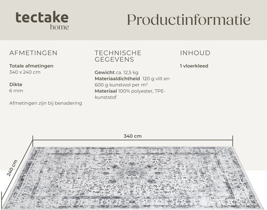 tectake - Vintage-Design-Teppich - Niederflorteppich - Aliya - 240cm x 340cm - grau