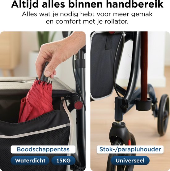 Medzone Rollator leicht und faltbar - für drinnen und draußen - Sitzfunktion - Rückenlehne und Gehstockhalterung - Schwarz