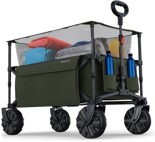 LifeGoods Wagon - Faltbarer Wagen - 100KG - 230L - Erhöht - Mit Schutzhülle - Grün