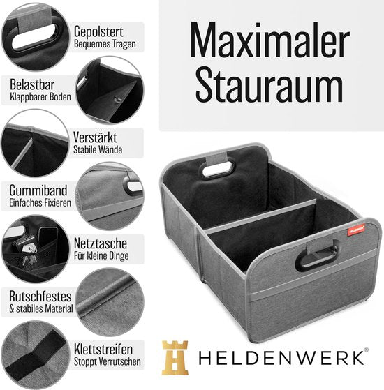 HELDENWERK Faltbare Kofferraumtasche mit rutschfestem Klettverschluss - Kofferraum-Organizer, Auto-Faltbox, Einkaufstasche - verstärkt und stabil