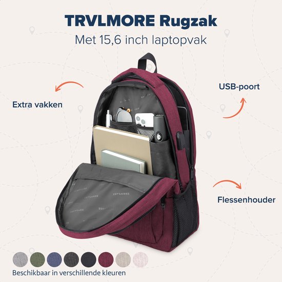 TRVLMORE Rucksack mit Lifetime - Rucksack mit 15.6 Zoll Laptopfach - Schultasche - spritzwassergeschützt - Männer und Frauen - Jungen und Mädchen - 28L - Burgunderrot