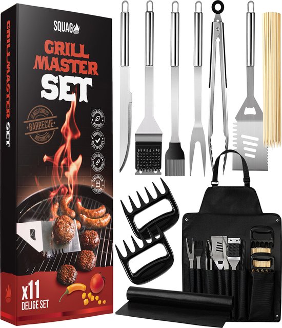 Squago BBQ-Zubehör XXL Set mit Schürze - Werkzeuge - Werkzeugset Zange Bürste Matte