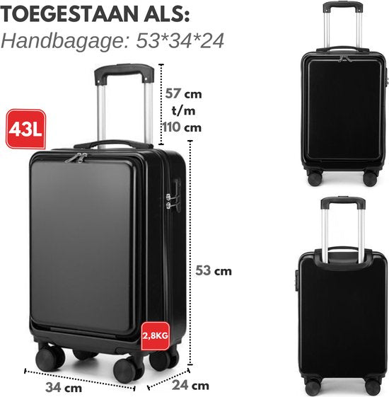 VAIVE Handgepäck Koffer mit Fronttasche - 43L Koffer - Leichter Trolley - Schwarz